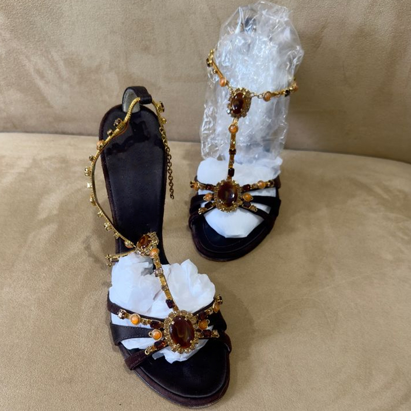 Ethnic Modern Fashion - Rhinestone Open Toe Cross Straps Stilettos