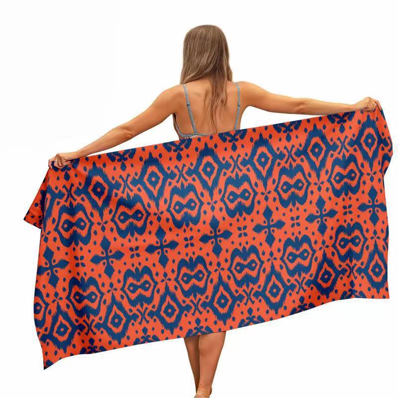 Ikat Woven Fabric - Orange Blue Ikat Geometric Beach Towel